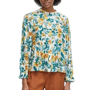 Atelier Reve Cream White Floral Blouse with Mandarin Collar Long Sleeves Sz 6 36